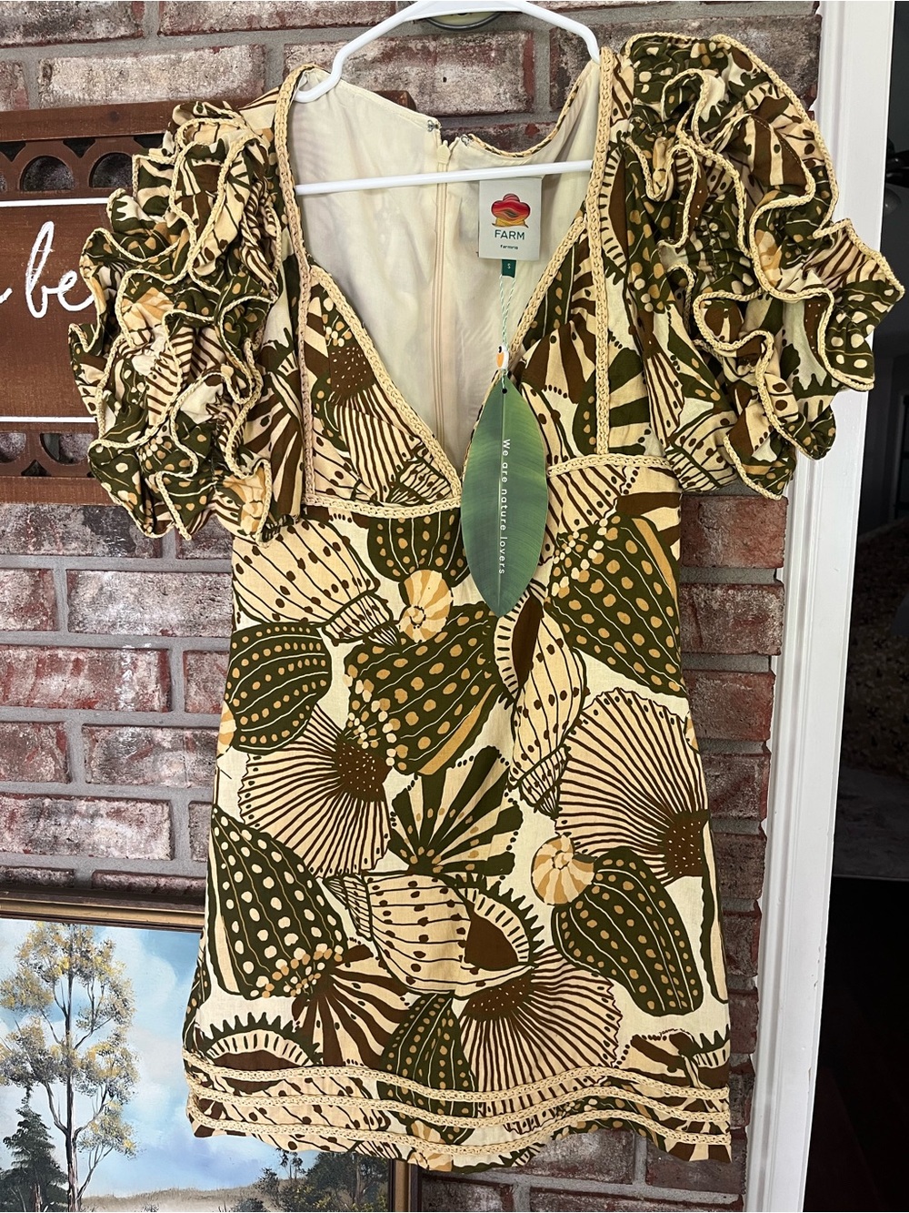 FARM Rio Olive, Cream & Brown Floral Mini Dress with Ruffled Puff Sleeves - Picture 2 of 4